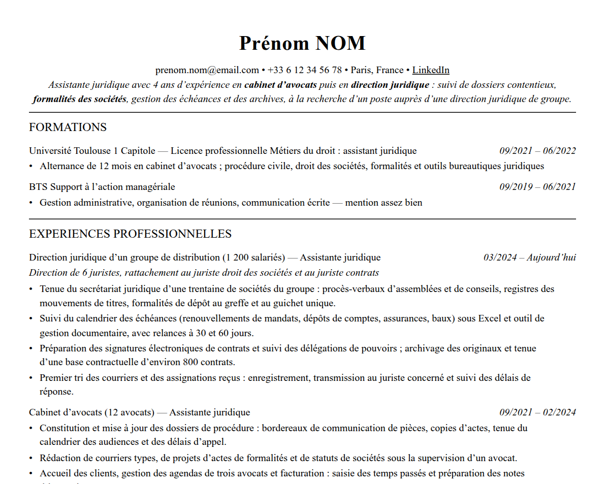Aperçu : Exemple de CV Assistant juridique