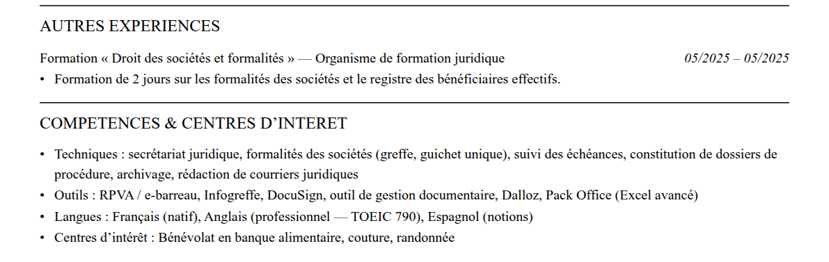 CV assistant juridique : compétences et centres d’intérêt