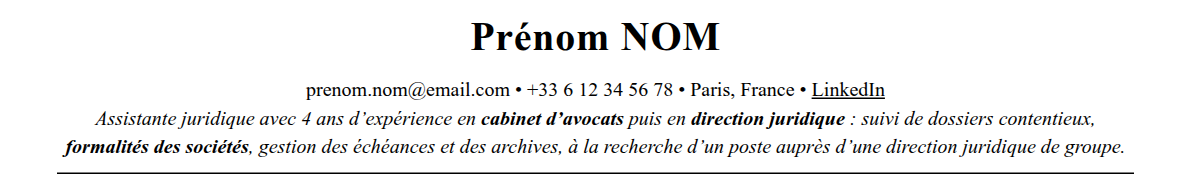 CV assistant juridique : en-tête et accroche