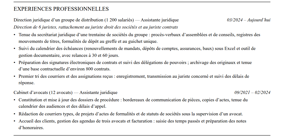 CV assistant juridique : expériences
