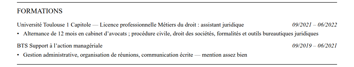 CV assistant juridique : formation