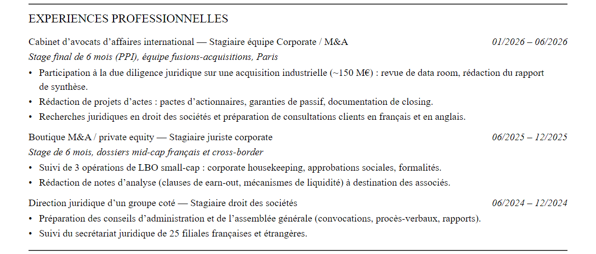 CV avocat d'affaires : expériences