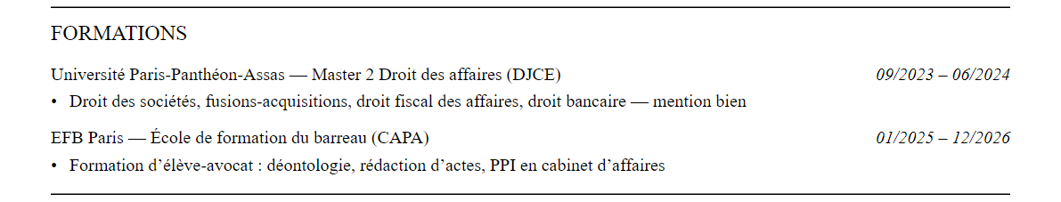 CV avocat d'affaires : formation