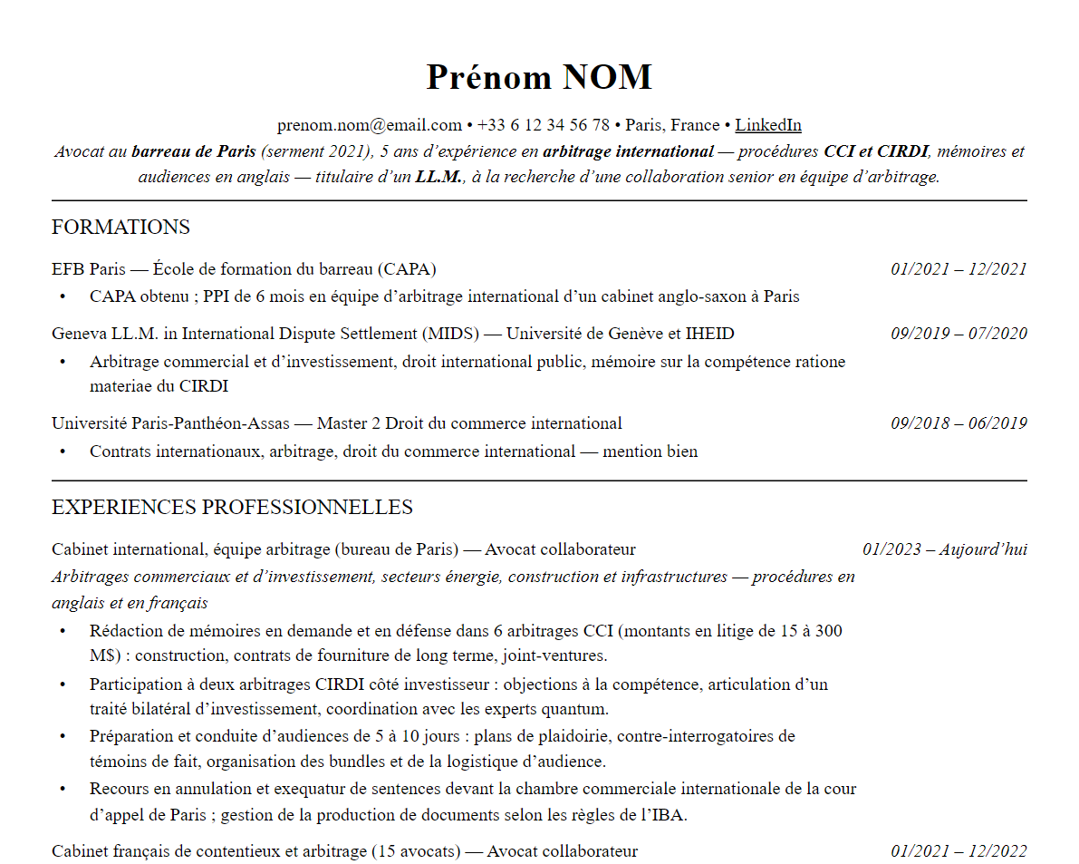 Aperçu : Exemple de CV Avocat en arbitrage international