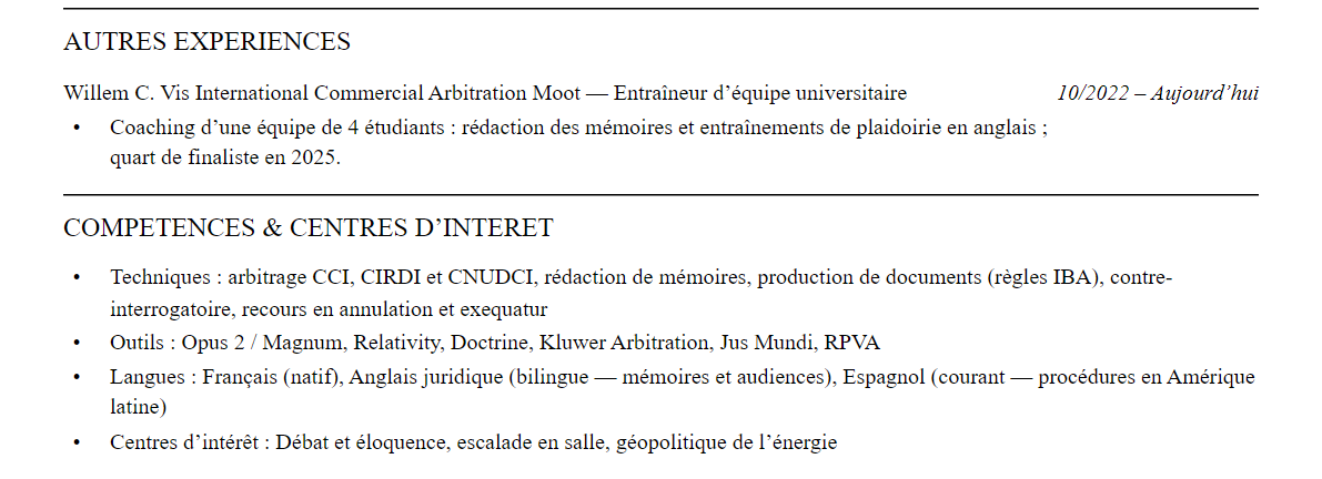 CV avocat en arbitrage international : compétences et centres d’intérêt