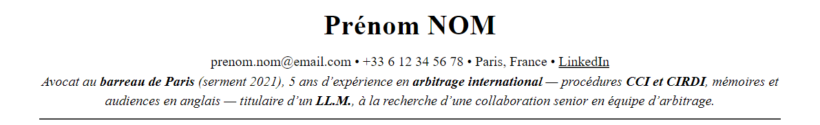 CV avocat en arbitrage international : en-tête et accroche