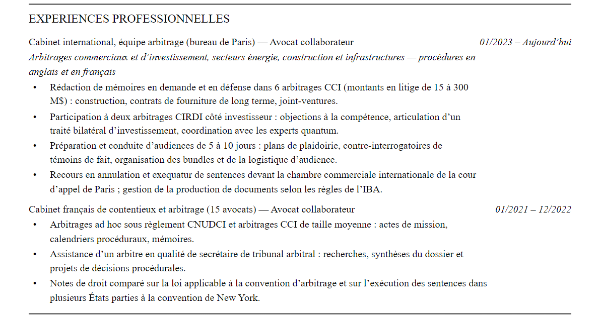 CV avocat en arbitrage international : expériences
