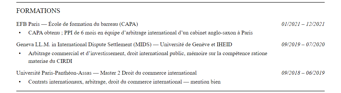 CV avocat en arbitrage international : formation