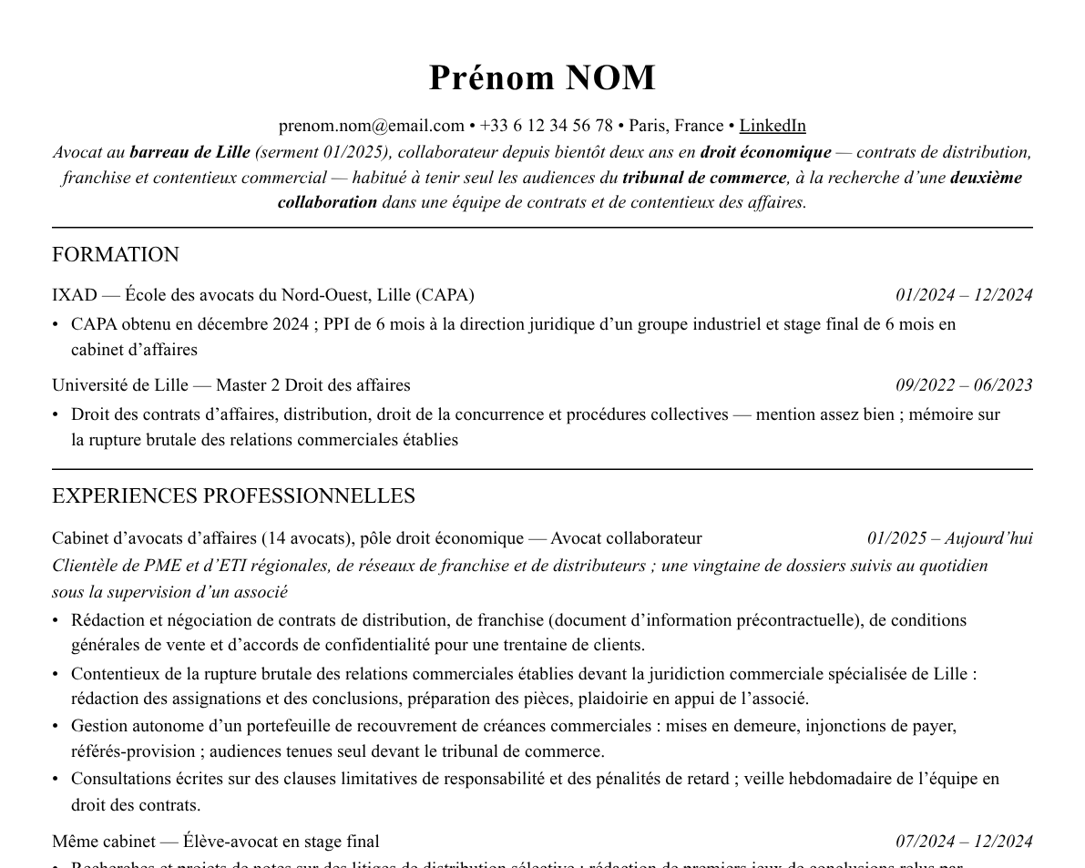 Aperçu : Exemple de CV Avocat collaborateur junior