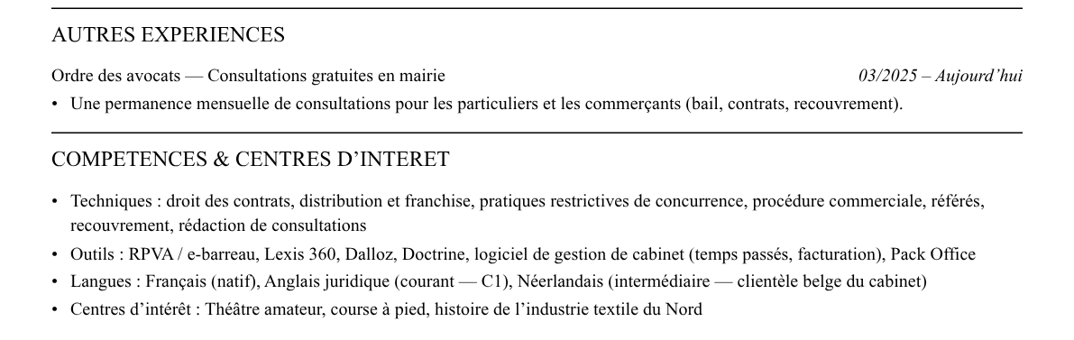 CV avocat collaborateur junior : compétences et centres d’intérêt