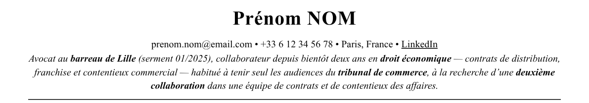 CV avocat collaborateur junior : en-tête et accroche