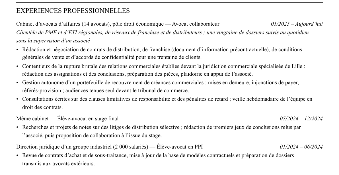 CV avocat collaborateur junior : expériences