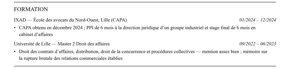 CV avocat collaborateur junior : formation