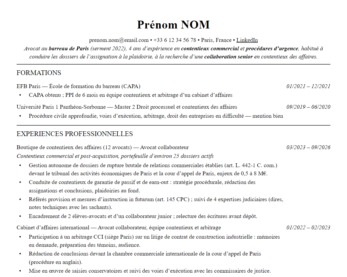 Aperçu : CV d’avocat en contentieux des affaires : exemple et conseils