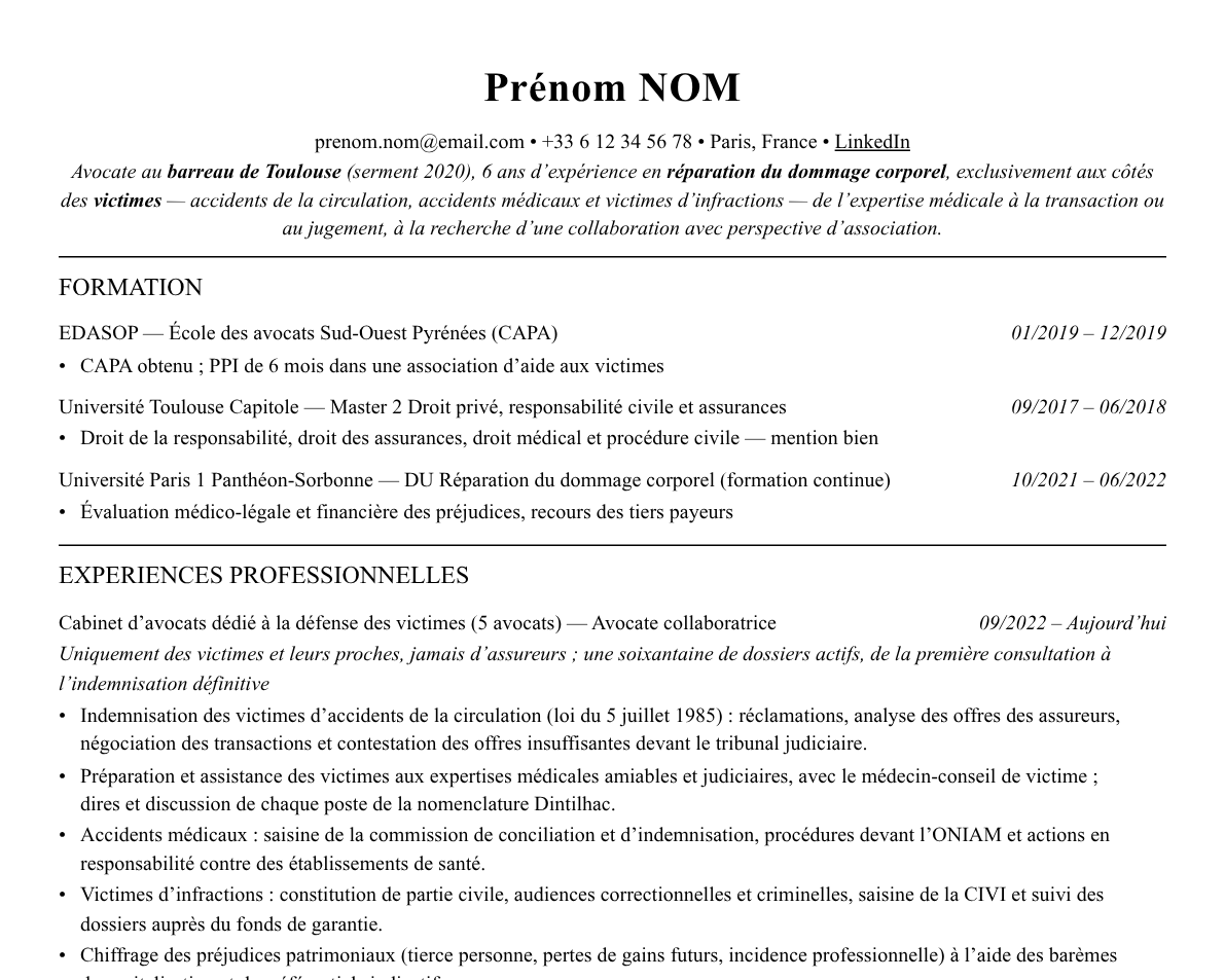 Aperçu : Exemple de CV Avocat en réparation du dommage corporel