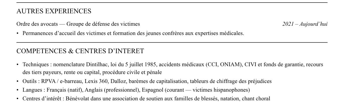 CV avocat en réparation du dommage corporel : compétences et centres d’intérêt