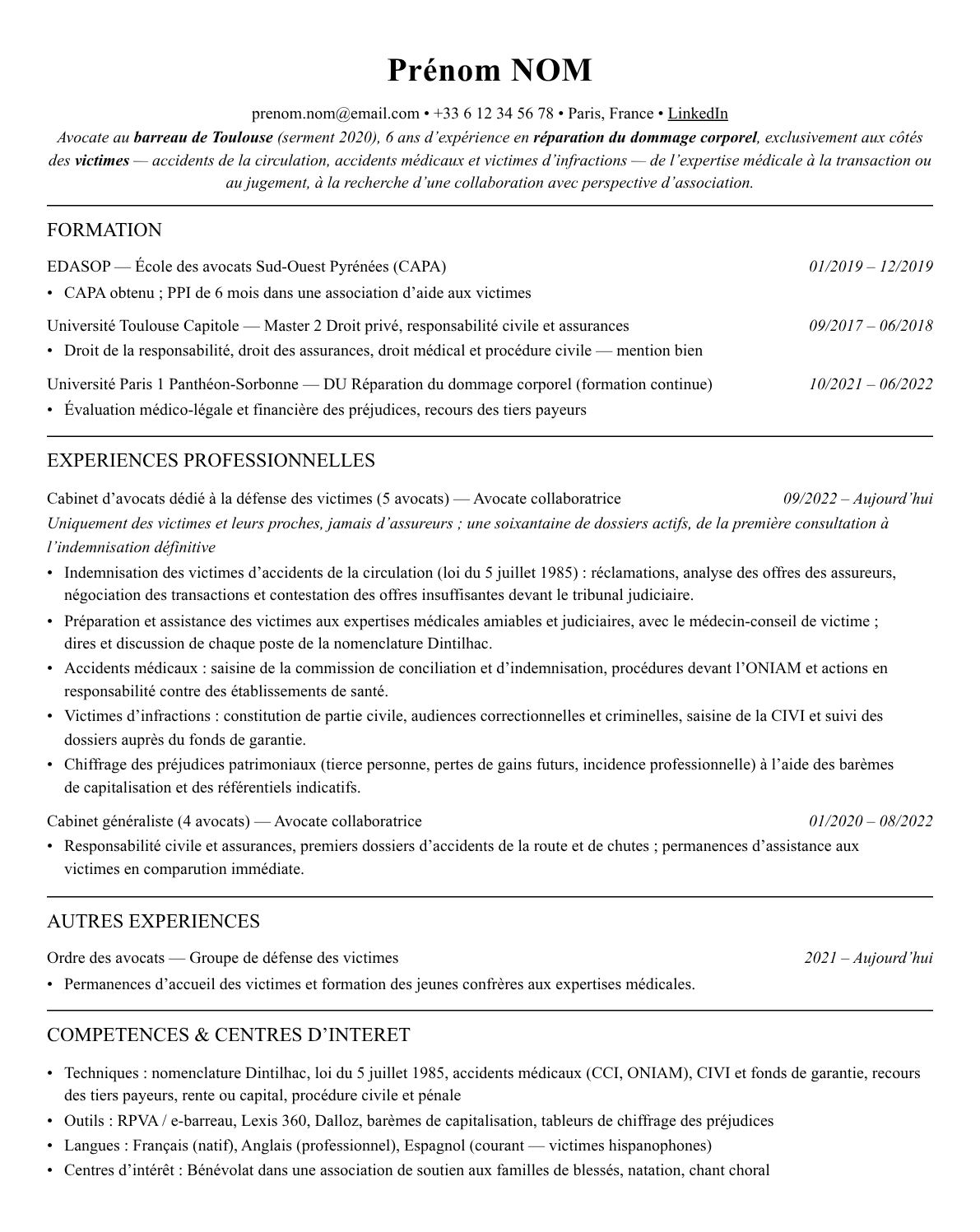 CV avocat en réparation du dommage corporel complet sur une page