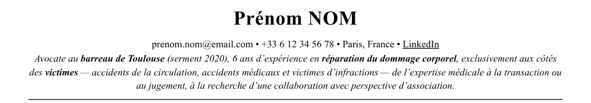 CV avocat en réparation du dommage corporel : en-tête et accroche
