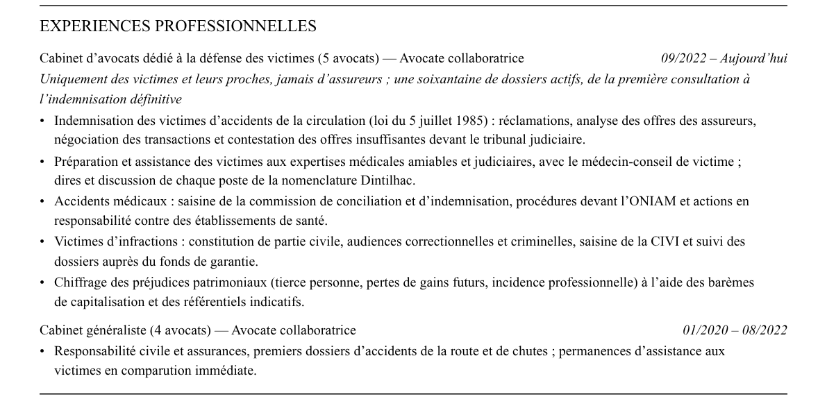 CV avocat en réparation du dommage corporel : expériences