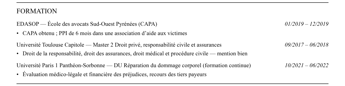 CV avocat en réparation du dommage corporel : formation