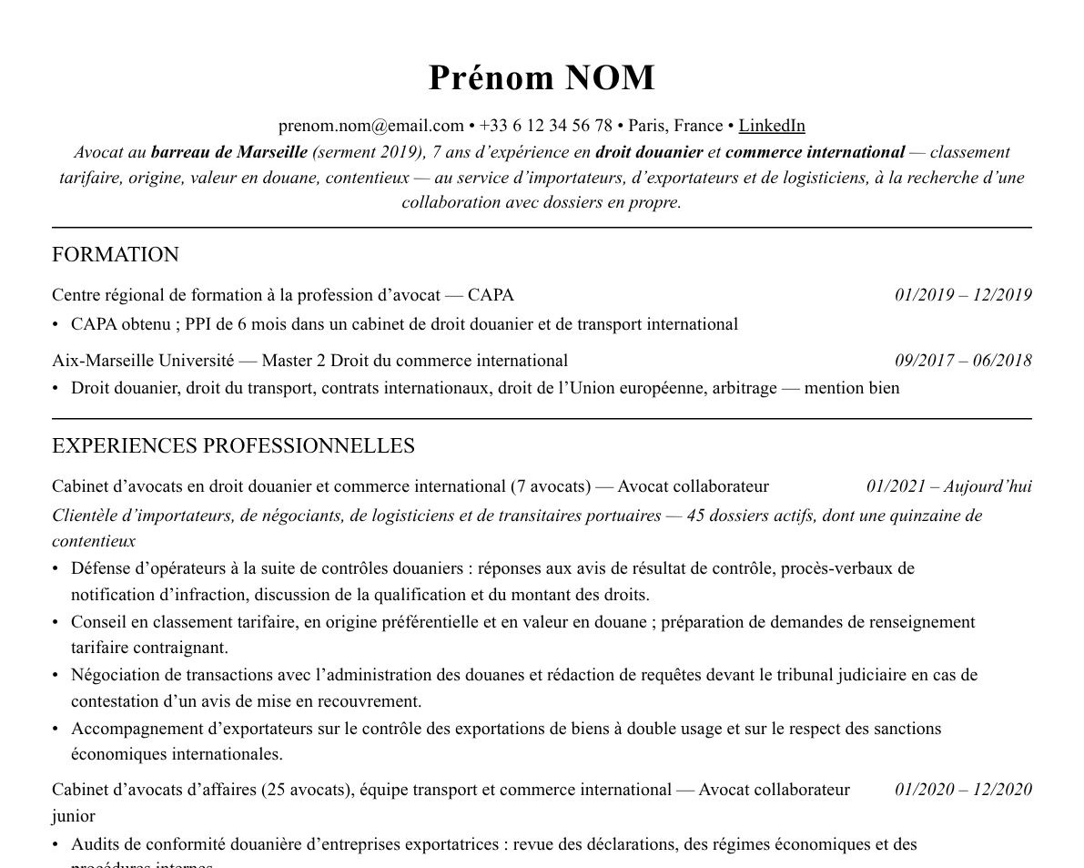 Aperçu : Exemple de CV Avocat en droit douanier