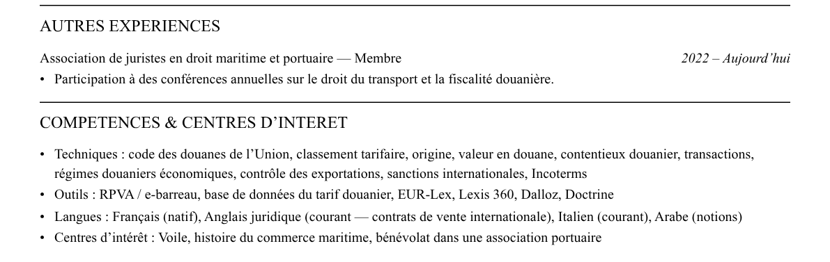 CV avocat en droit douanier : compétences et centres d’intérêt