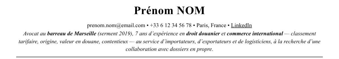 CV avocat en droit douanier : en-tête et accroche