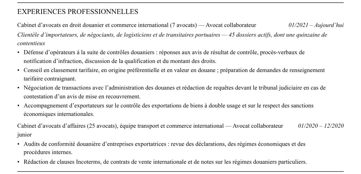 CV avocat en droit douanier : expériences