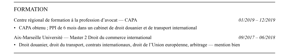 CV avocat en droit douanier : formation