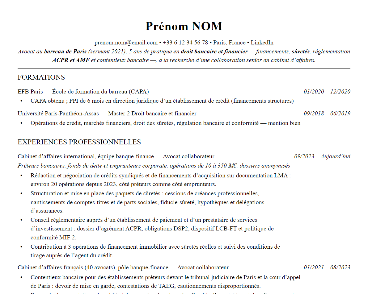 Aperçu : Exemple de CV Avocat en droit bancaire et financier