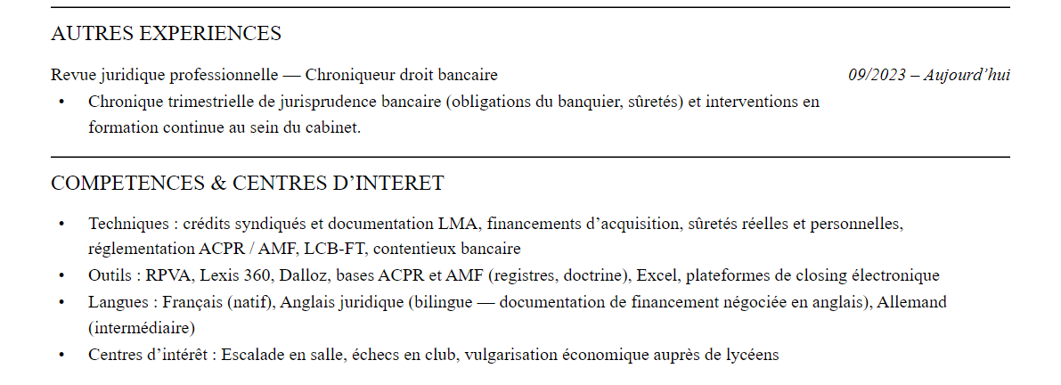CV avocat en droit bancaire et financier : compétences et centres d’intérêt