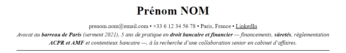 CV avocat en droit bancaire et financier : en-tête et accroche