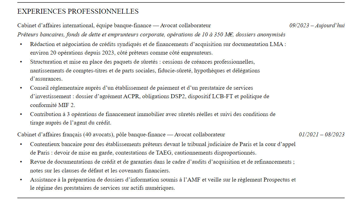 CV avocat en droit bancaire et financier : expériences
