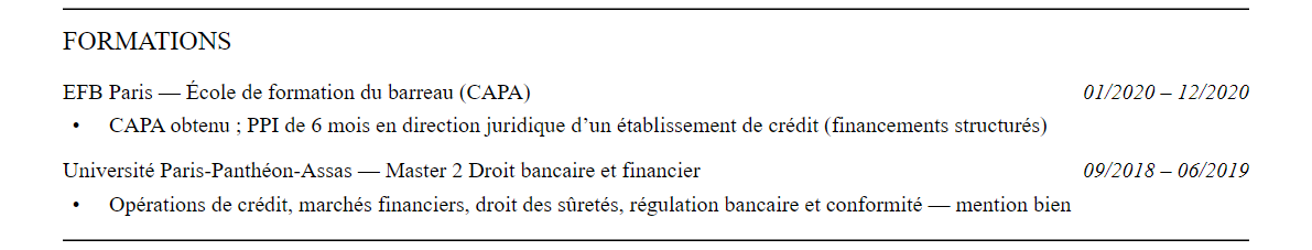 CV avocat en droit bancaire et financier : formation