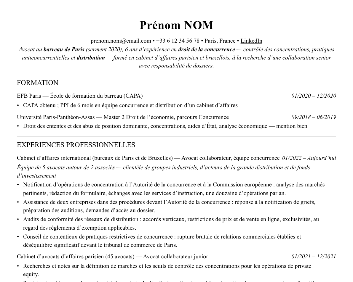 Aperçu : Exemple de CV Avocat en droit de la concurrence