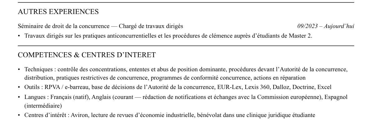 CV avocat en droit de la concurrence : compétences et centres d’intérêt