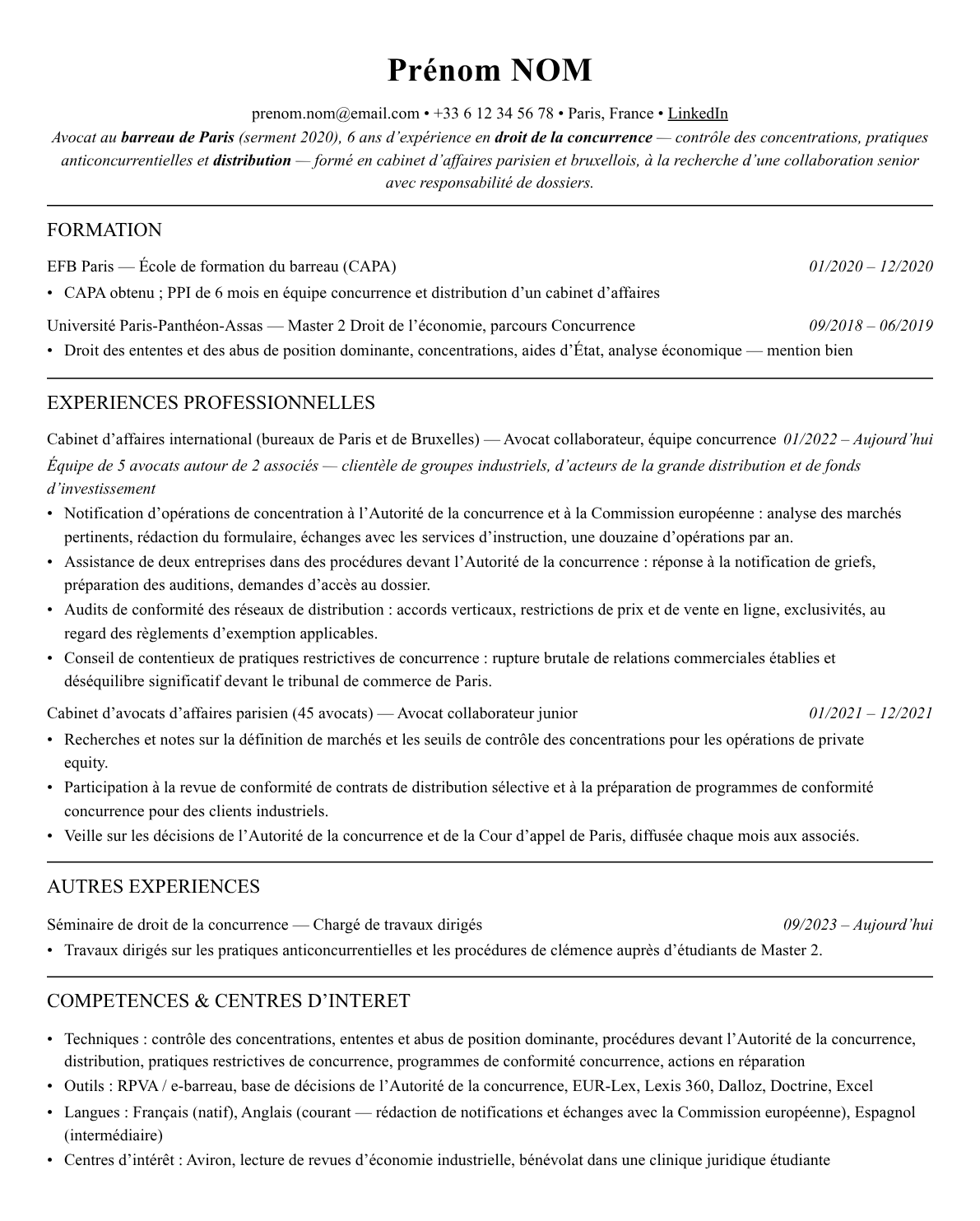 CV avocat en droit de la concurrence complet sur une page