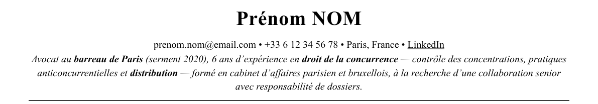 CV avocat en droit de la concurrence : en-tête et accroche