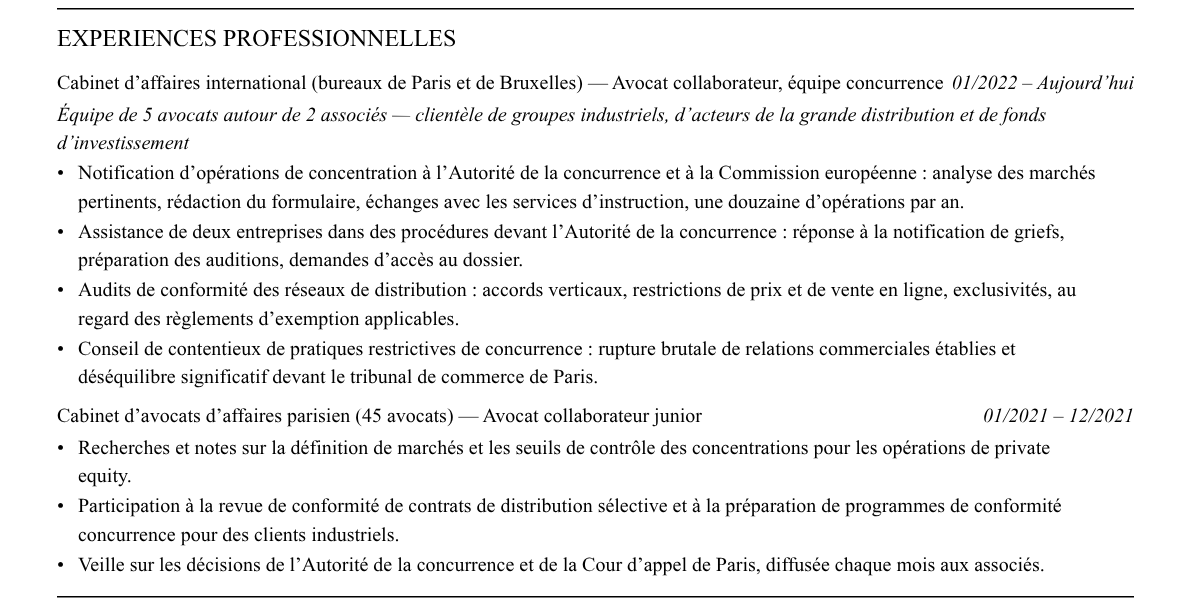 CV avocat en droit de la concurrence : expériences