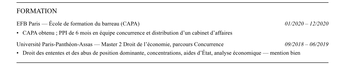 CV avocat en droit de la concurrence : formation