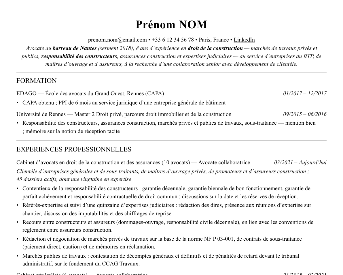 Aperçu : Exemple de CV Avocat en droit de la construction