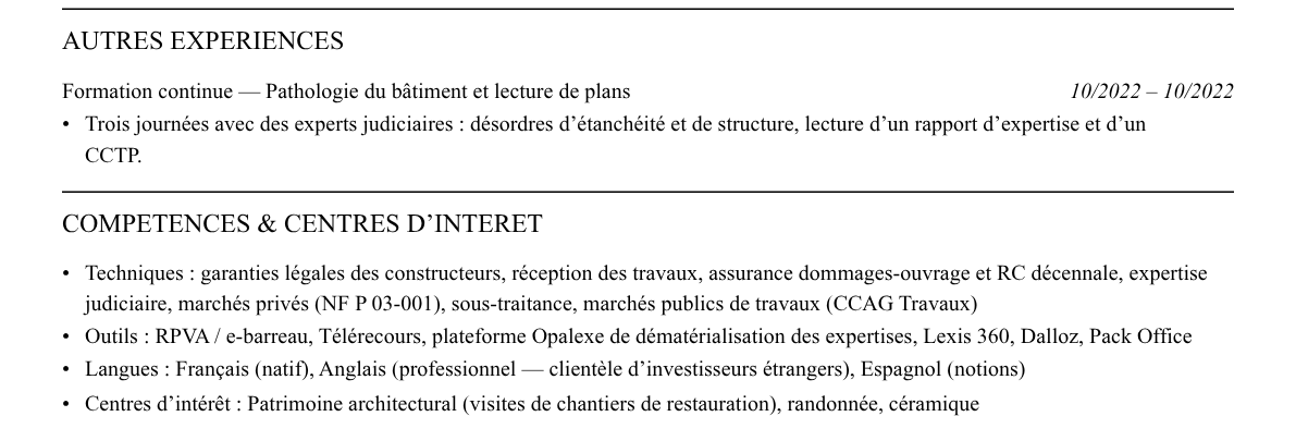 CV avocat en droit de la construction : compétences et centres d’intérêt