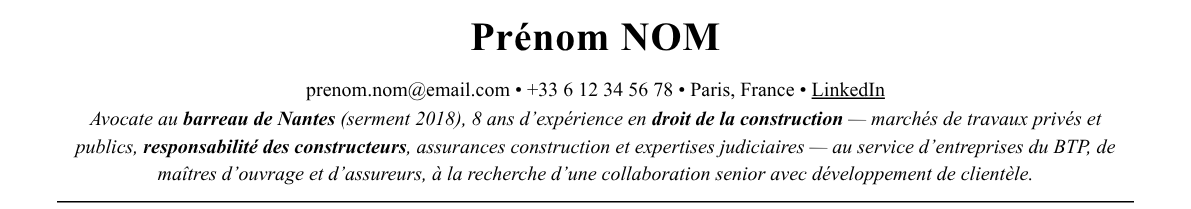 CV avocat en droit de la construction : en-tête et accroche