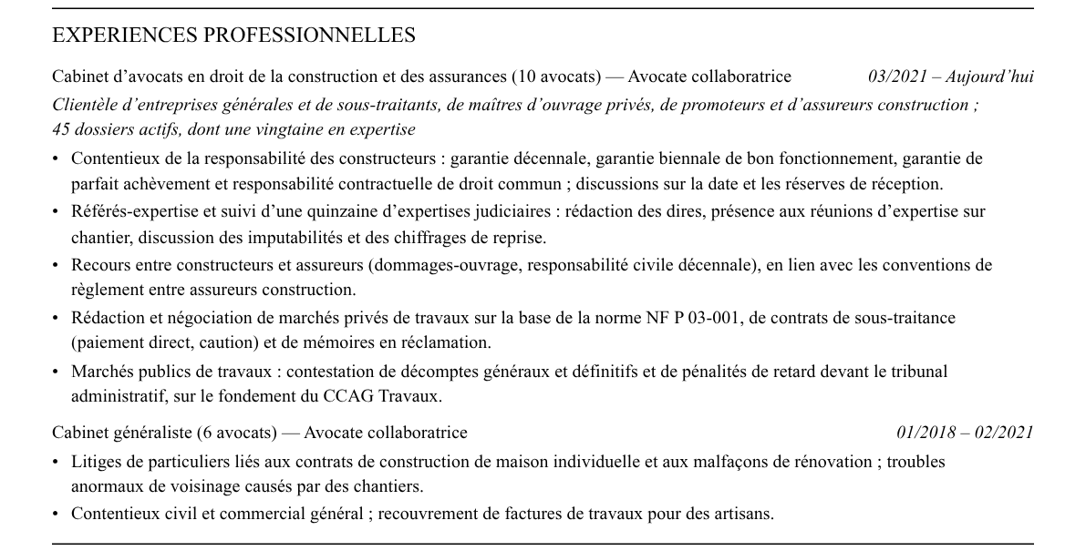 CV avocat en droit de la construction : expériences