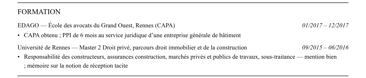 CV avocat en droit de la construction : formation