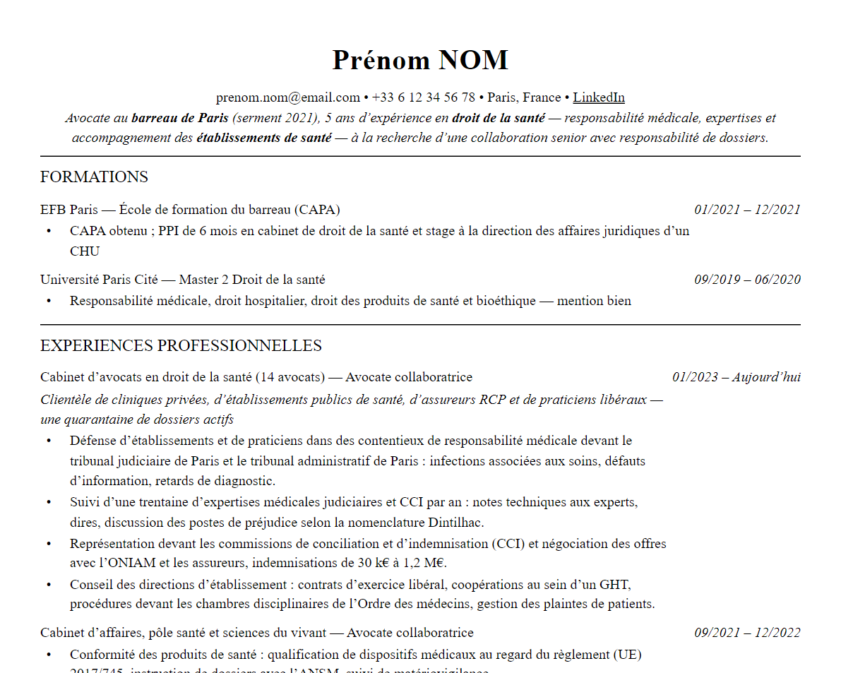 Aperçu : Exemple de CV Avocat en droit de la santé