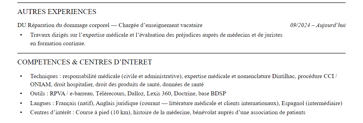 CV avocat en droit de la santé : compétences et centres d’intérêt