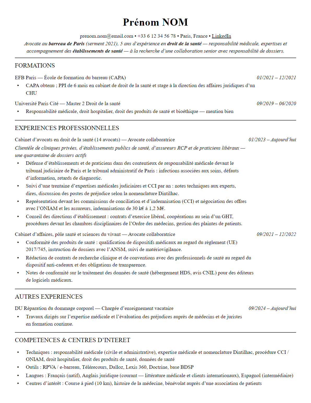 CV avocat en droit de la santé complet sur une page