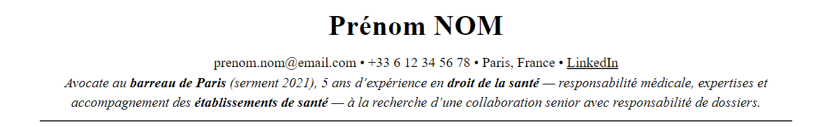 CV avocat en droit de la santé : en-tête et accroche