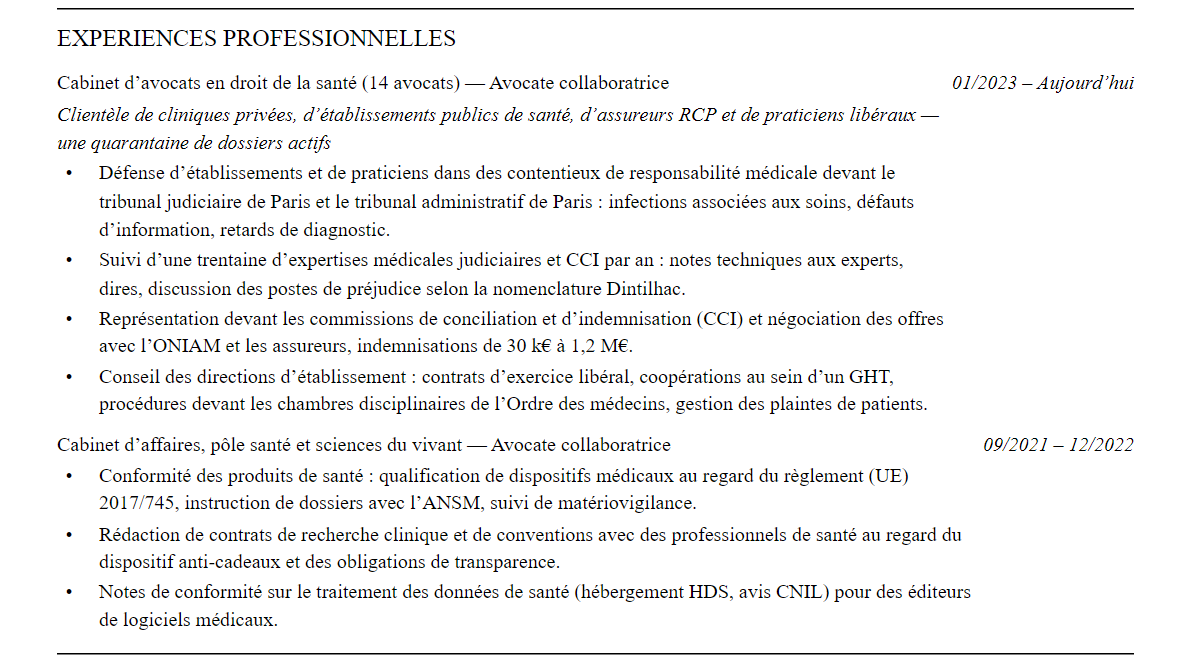 CV avocat en droit de la santé : expériences